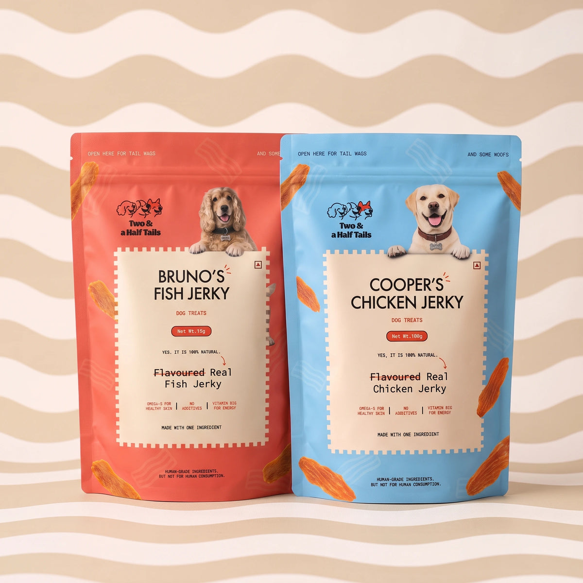 Chicken and fish jerky duo: Cooper's chicken jerky and Bruno's fish jerky for dogs