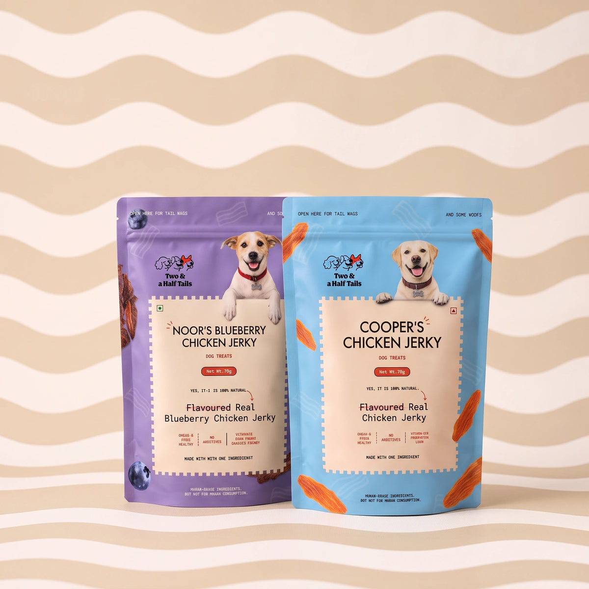 Chicken jerky duo: Cooper's chicken jerky and Noor's blueberry chicken jerky for dogs