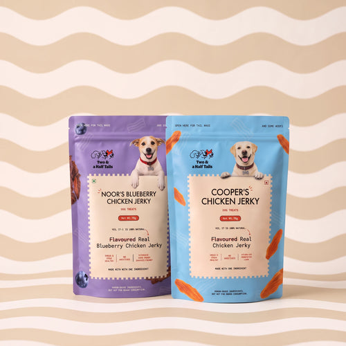 Chicken jerky duo: Cooper's chicken jerky and Noor's blueberry chicken jerky for dogs